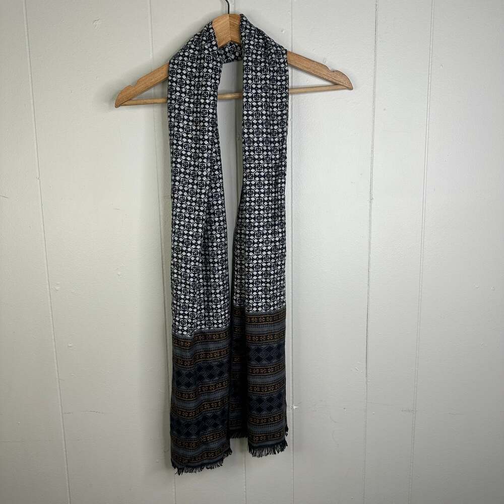 Pashmina Long Houndstooth Scarf Black White Fringe Striped Border Dark Academia